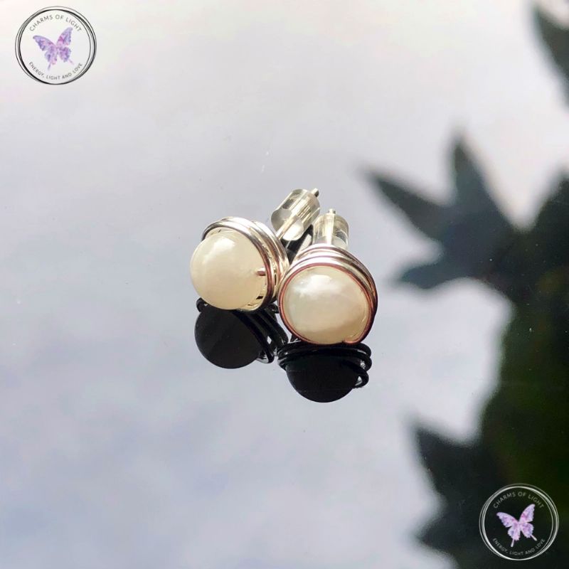Moonstone Silver Wire Wrap Stud Earrings